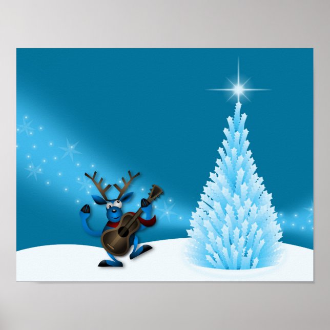 Reindeer Dancing Guitar Merry Christmas Tree Blue Poster (Front)