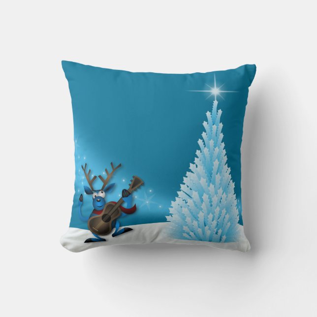 Reindeer Dancing Guitar Merry Christmas Tree Blue Throw Pillow (Front)