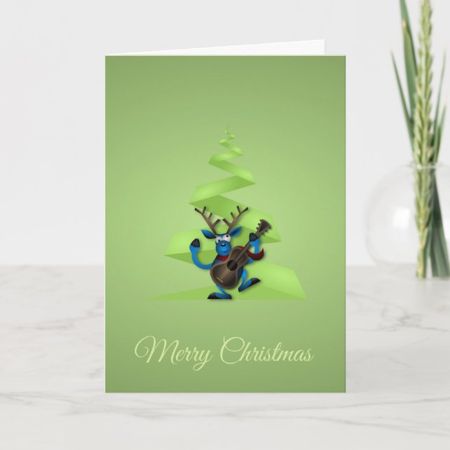 Reindeer Dancing Guitar Merry Christmas Tree Holiday Card (Front)