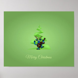 Reindeer Dancing Guitar Merry Christmas Tree Poster