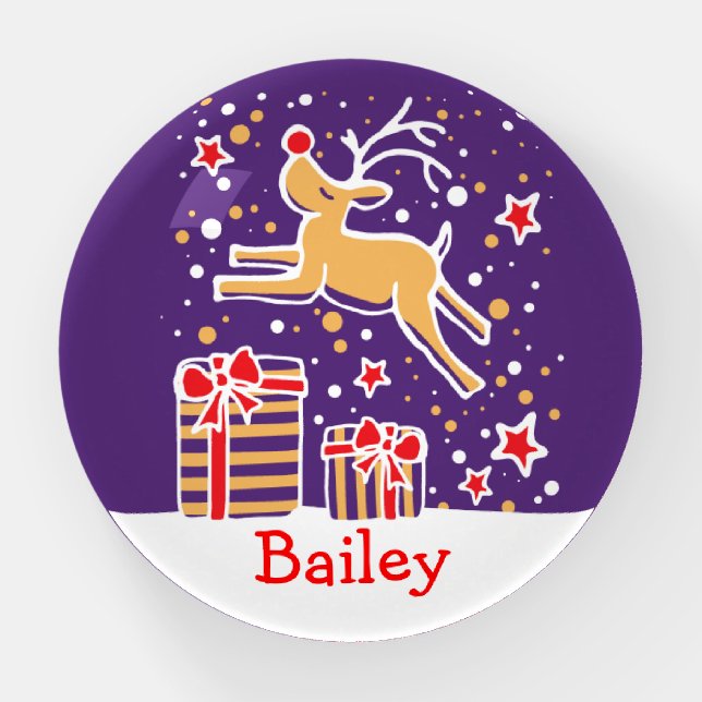 Reindeer dark purple red Christmas custom name Paperweight (Front)