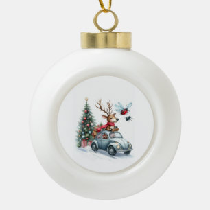 Reindeer driving a beetle with christmas treeb ceramic ball christmas ornament