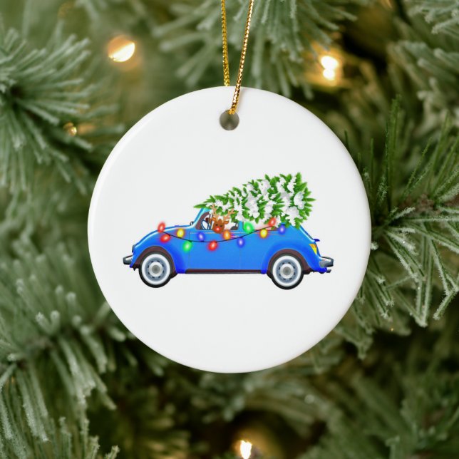 Reindeer driving a beetle with christmas treeb ceramic ornament (Tree)