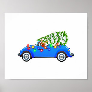 Reindeer driving a beetle with christmas treeb poster