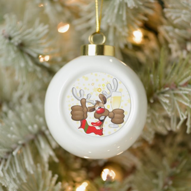 Reindeer Drunk Funny Christmas Character Ceramic Ball Christmas Ornament (Tree)
