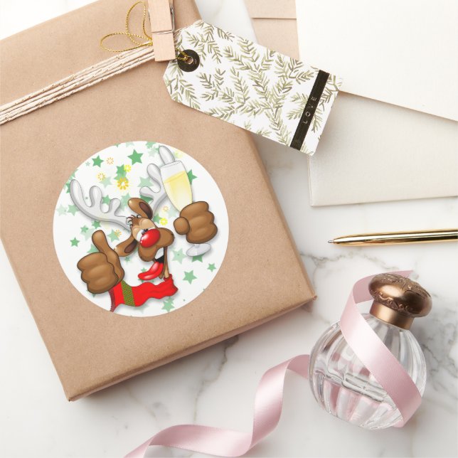 Reindeer Drunk Funny Christmas Character Classic Round Sticker (Gifting)