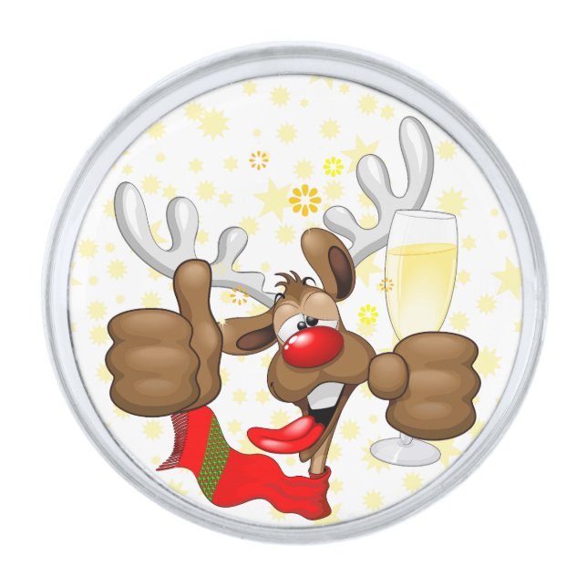 Reindeer Drunk Funny Christmas Character Silver Finish Lapel Pin (Front)