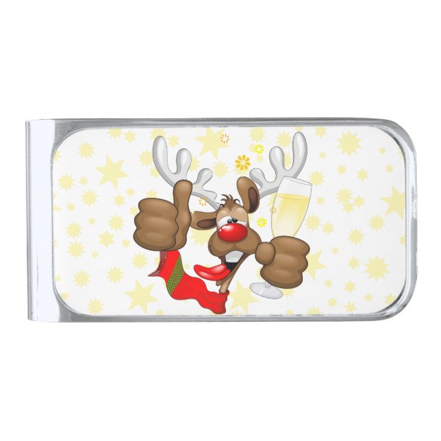 Reindeer Drunk Funny Christmas Character Silver Finish Money Clip (Front)