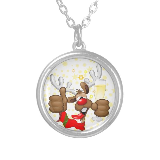 Reindeer Drunk Funny Christmas Character Silver Plated Necklace (Front)
