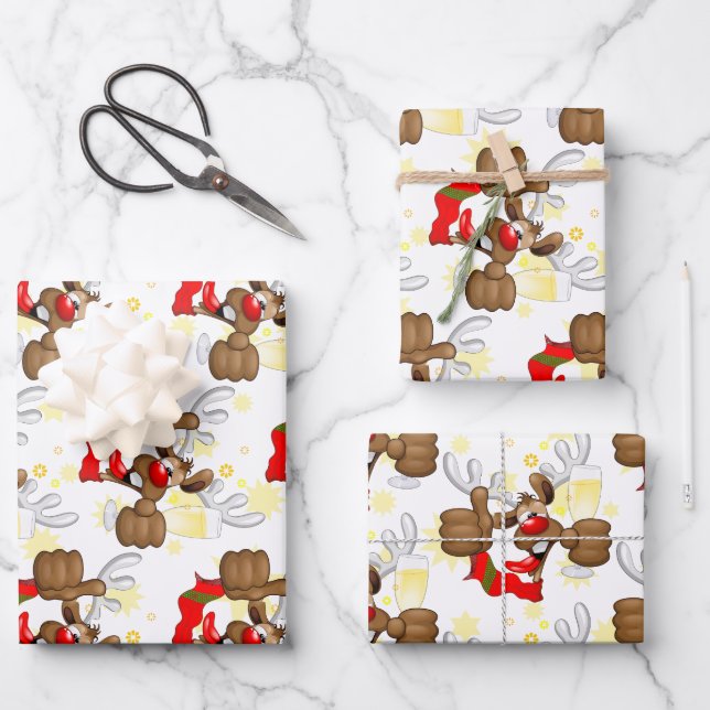 Reindeer Drunk Funny Christmas Character Wrapping Paper Sheets (Front)