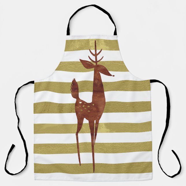 Reindeer elegant vintage gold white striped deer apron (Front)