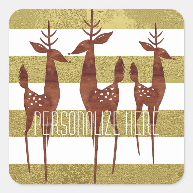 Reindeer elegant vintage gold white striped square sticker (Front)