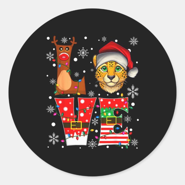 Reindeer Elf Santa Hat Love Cheetah Animal Xmas  Classic Round Sticker (Front)