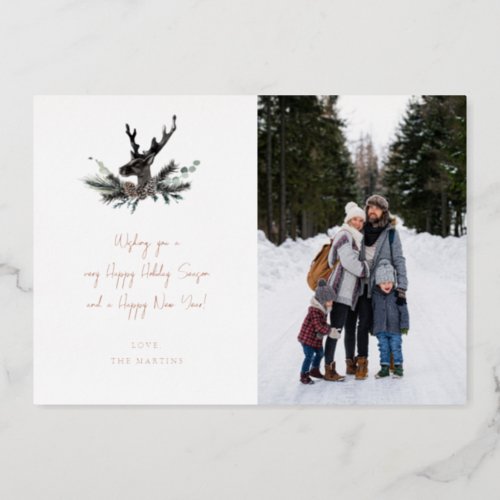 Reindeer  Eucalyptus Note Photo Verti Holiday Foil Invitation