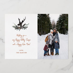 Reindeer & Eucalyptus Note Photo Verti Holiday Foil Invitation