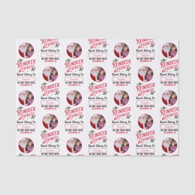 Reindeer Express from Santa Name & Photo Christmas Tissue Paper (Front)
