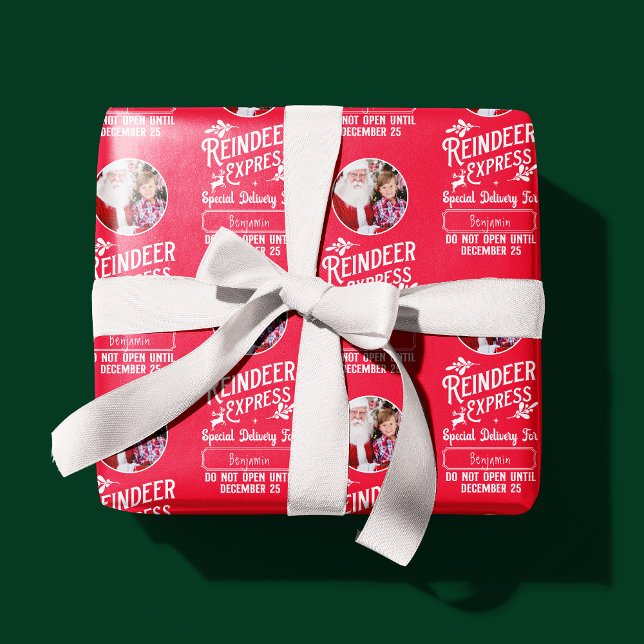Reindeer Express from Santa Name & Photo Christmas Wrapping Paper (Creator Uploaded)