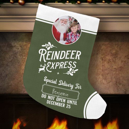 Reindeer Express from Santa Name  Photo Green Large Christmas Stocking