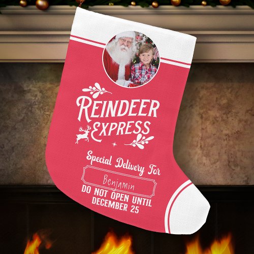 Reindeer Express from Santa Name  Photo Red Large Christmas Stocking