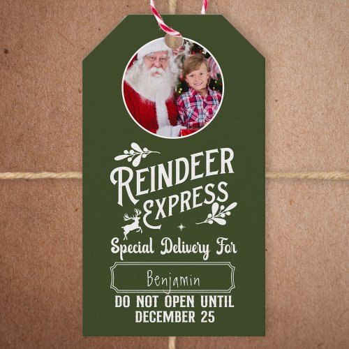 Reindeer Express from Santa Photo Christmas Green Gift Tags