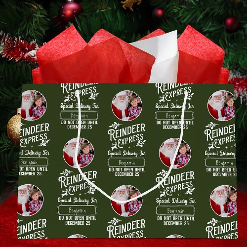 Reindeer Express from Santa Photo Christmas Green Large Gift Bag