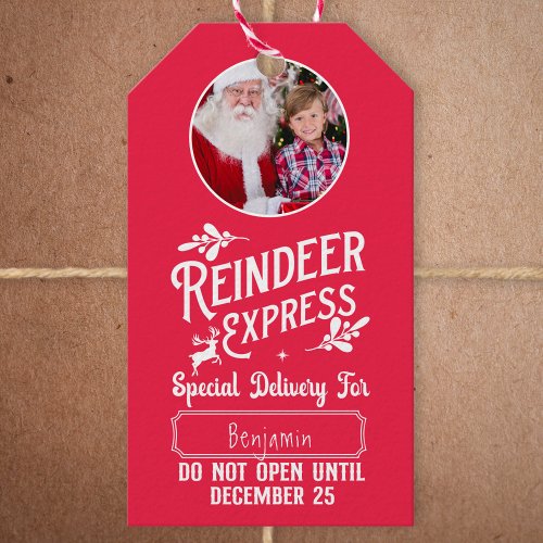 Reindeer Express from Santa w Photo Christmas Red Gift Tags