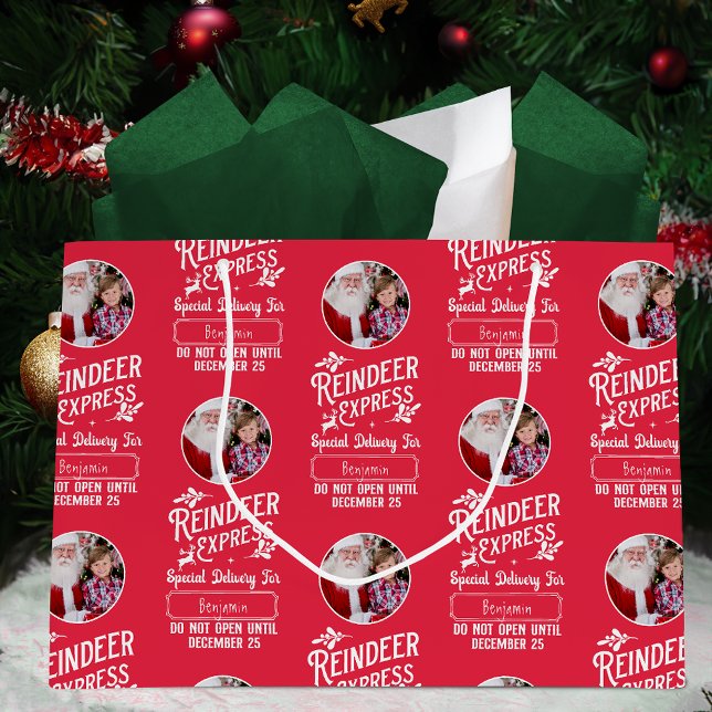 Reindeer Express from Santa w/ Photo Christmas Red Large Gift Bag (Creator Uploaded)