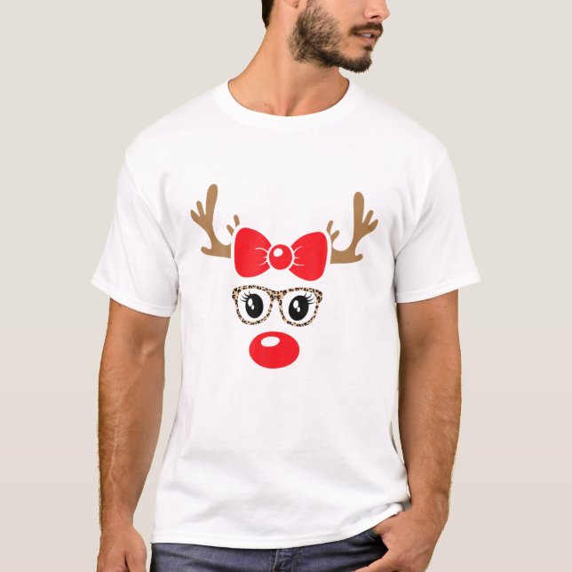 Reindeer Face Christmas Leopard Print Glasses For T-Shirt (Front)