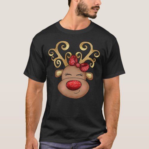 Reindeer face cute glitter gold red horns nose T_Shirt