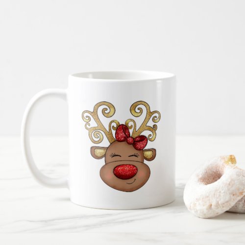 Reindeer face cute glitter nose coffee mug
