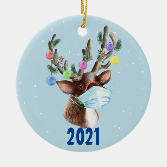 Reindeer Face Mask Christmas Pandemic 2021 Ceramic Ornament (Front)
