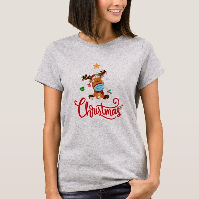 Reindeer Face Mask Quarantine Christmas 2021 Tree T-Shirt (Front)
