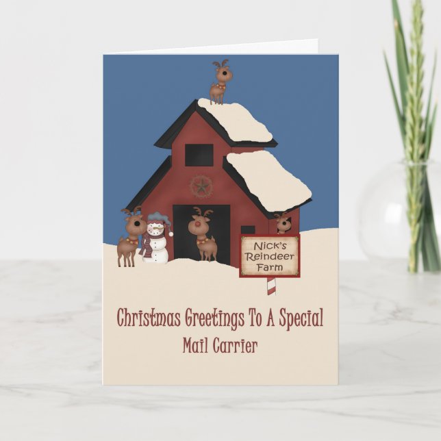 Reindeer Farm Mail Carrier Christmas Holiday Card (Front)