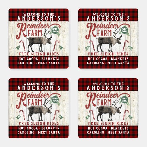 Reindeer Farm Rustic Vintage Farmhouse Custom Name Coaster Set
