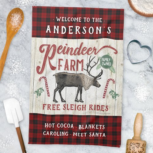 Reindeer Farm Rustic Vintage Farmhouse Custom Name Kitchen Towel