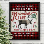 Reindeer Farm Rustic Vintage Farmhouse Custom Name Poster<br><div class="desc">Decorate your home for Christmas with this personalized reindeer farm sign poster. This vintage-looking sign says, "Welcome to the (Your Name) Reindeer Farm / Family-Owned / Free Sleigh Rides / Hot Cocoa - Blankets - Caroling - Meet Santa." All text can be customized through the easy templates except "Reindeer Farm."...</div>