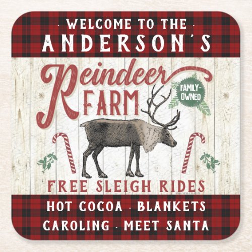 Reindeer Farm Rustic Vintage Farmhouse Custom Name Square Paper Coaster