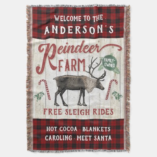Reindeer Farm Rustic Vintage Farmhouse Custom Name Throw Blanket