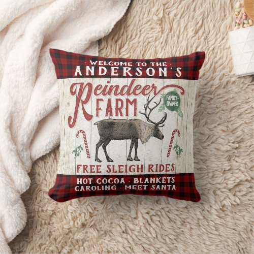 Reindeer Farm Rustic Vintage Farmhouse Custom Name Throw Pillow