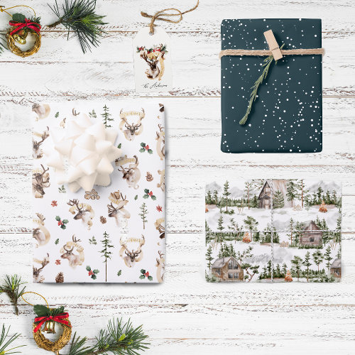Reindeer Farmhouse Christmas Tree Farm  Holiday Wrapping Paper Sheets