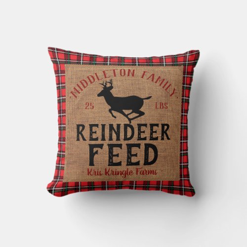 Reindeer  Feed Farm in a Vintage and Plaid Throw Pillow