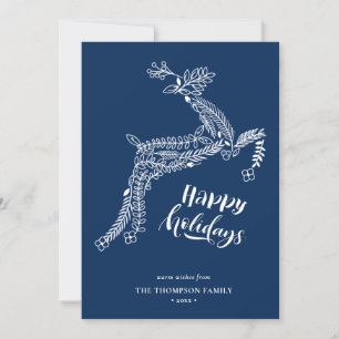 Reindeer Floral Poinsettia Pine Bough Blue Happy Holiday Card