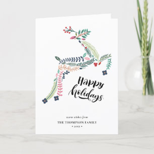 Reindeer Floral Poinsettia Pine Bough Happy Holiday Card