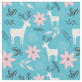 Reindeer Floral Poinsettia Whimsical Christmas Fabric