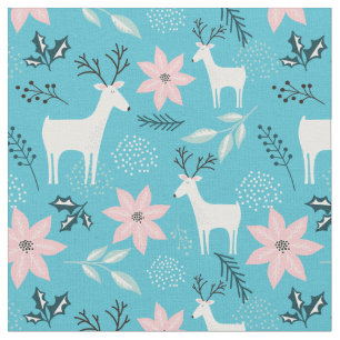 Reindeer Floral Poinsettia Whimsical Christmas Fabric