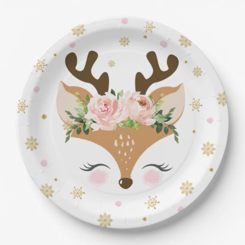 Reindeer Floral Snowflakes Christmas Birthday Paper Plates