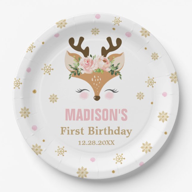Reindeer Floral Snowflakes Christmas Birthday Paper Plates (Front)