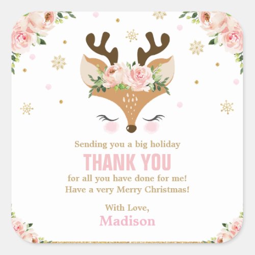 Reindeer Floral Snowflakes Christmas Thank You Square Sticker