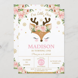 Reindeer Floral Snowflakes Winter Birthday Party Invitation