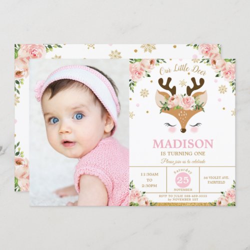 Reindeer Floral Snowflakes Winter Birthday Photo Invitation